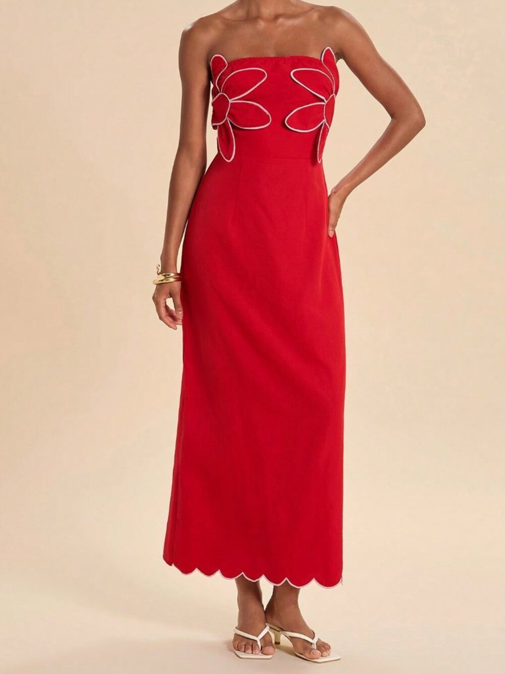 Red Casual Women's Floral Mid-Length Strapless Dress - Picture 4 of 7